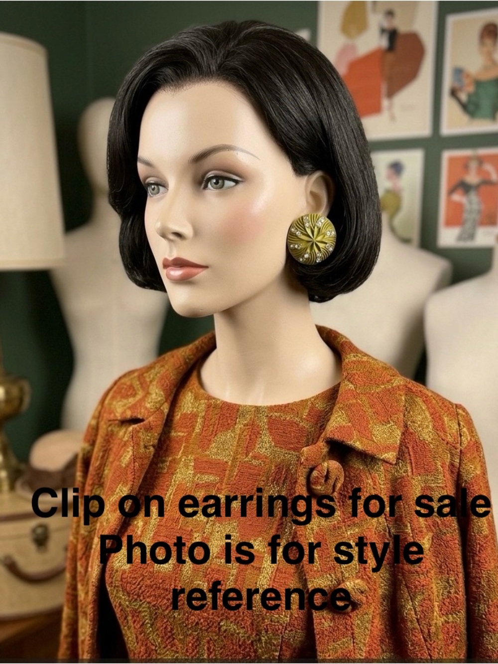 Vintage 1960s Resin Swirl Rhinestone Green and Silver Clip-On Earrings